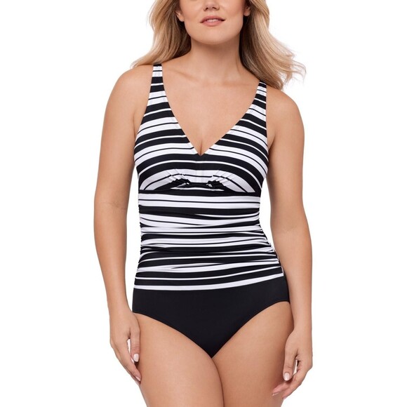 One Piece Swimsuit Womens 12 Black White Striped Tummy Control D Cup Ruched - Picture 1 of 13